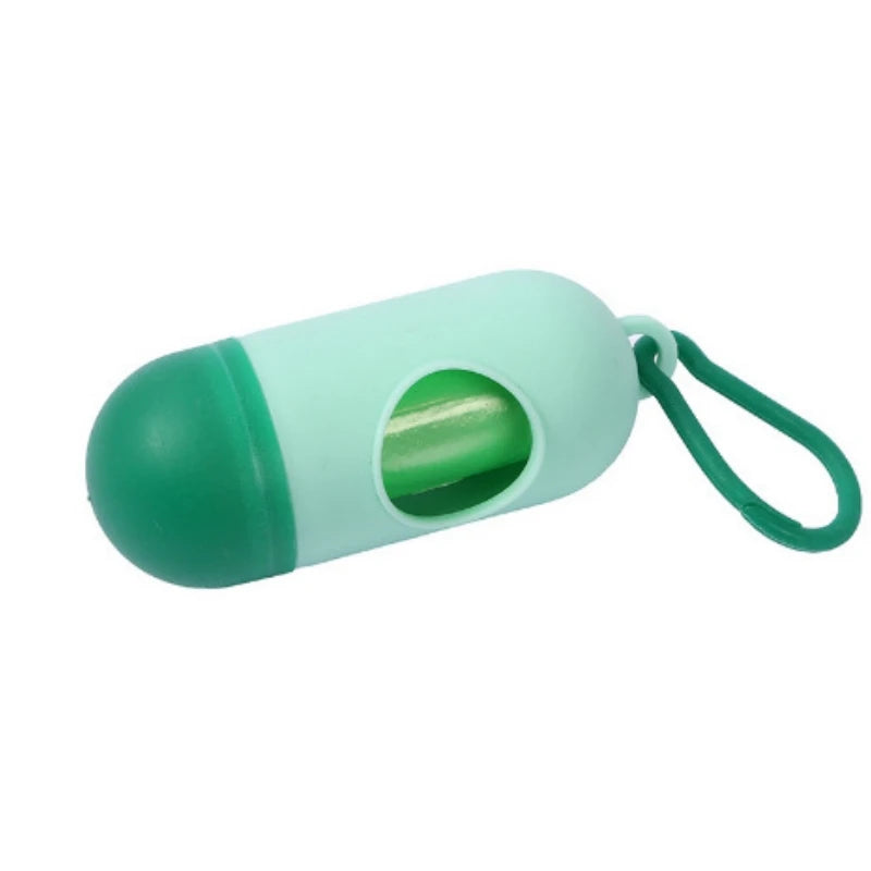 A light green capsule-shaped dispenser for dog poop bags with a carabiner clip.