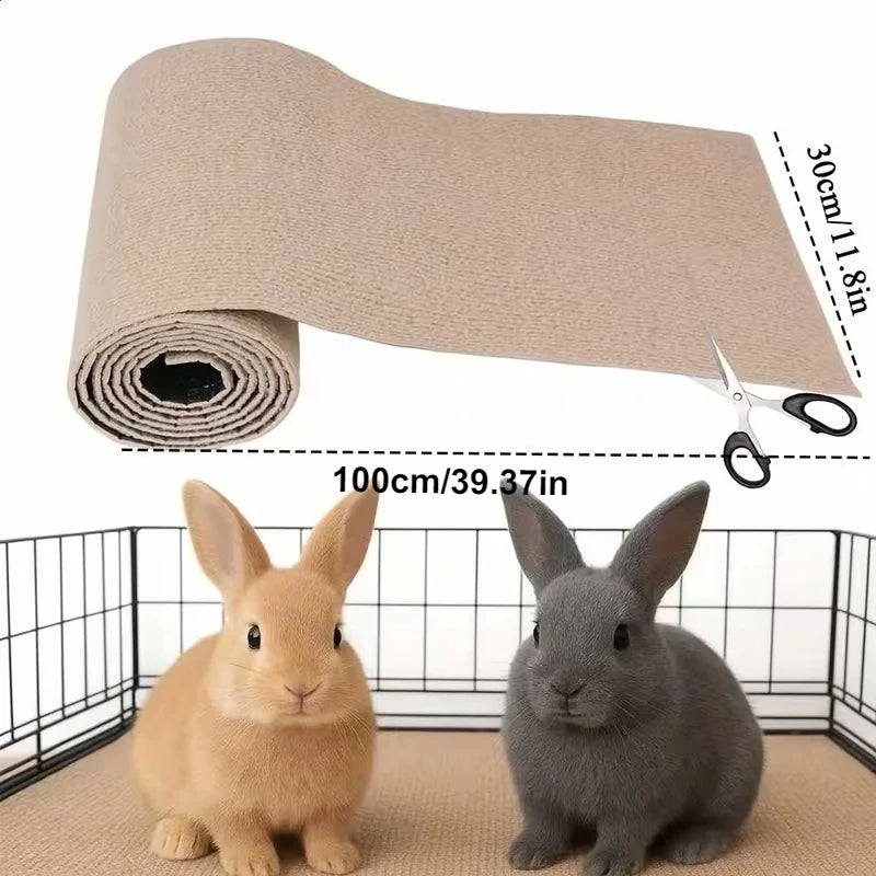 A roll of self-adhesive cat scratch pad is shown next to two rabbits on a floor.