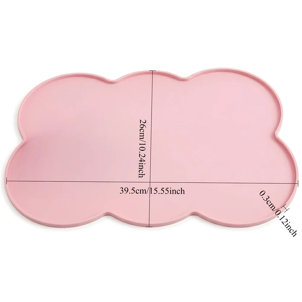 A pink, non-slip pet mat with rounded edges and marked dimensions for indoor use.
