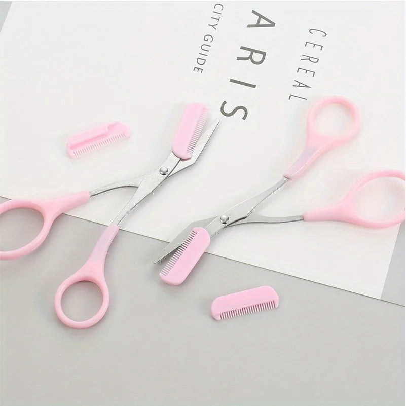 Set pink Edelstahl-Augenbrauen-Trim-Werkzeuge mit Pinzette und Kamm auf weißem Hintergrund