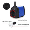 A black and blue submersible pump with a magnetic base and a stainless steel axis, shown next to its components.