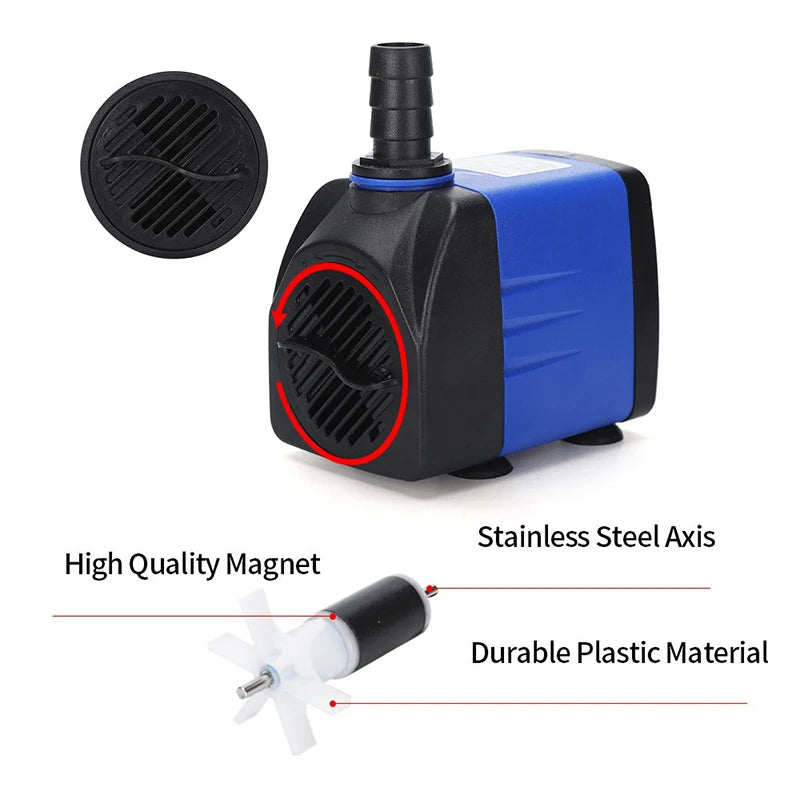 A black and blue submersible pump with a magnetic base and a stainless steel axis, shown next to its components.
