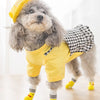 A fluffy grey dog wearing a yellow shirt and matching pet socks.