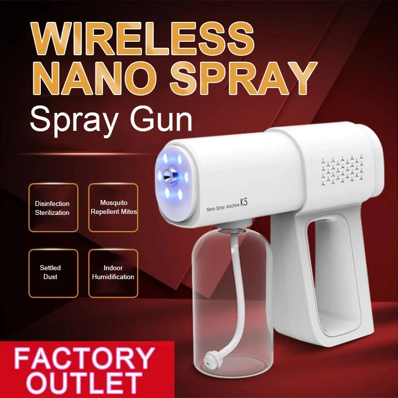 A white electric nano spray gun is shown next to a clear bottle, with text highlighting its uses and factory outlet.