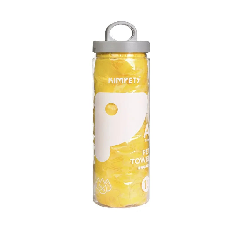 A clear storage bucket containing a yellow ultra-absorbent dog bath towel.