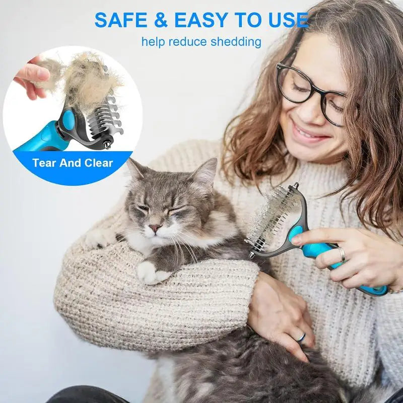 A woman is using a dual-sided stainless steel pet deshedding brush on a cat.