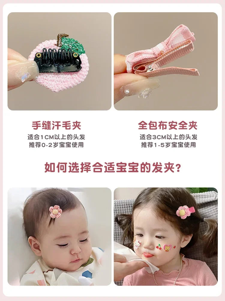 A set of adorable flower-shaped baby hair clips in various colors and sizes for infants