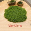 A square patch of vibrant green preserved moss on a wooden surface with small potted plants.