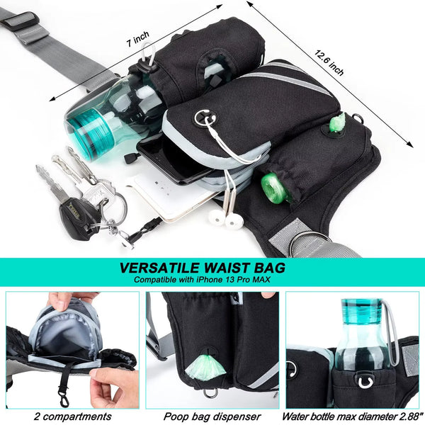 Versatile waist bag for iPhone 13 Pro Max with compartments and a water bottle dispenser