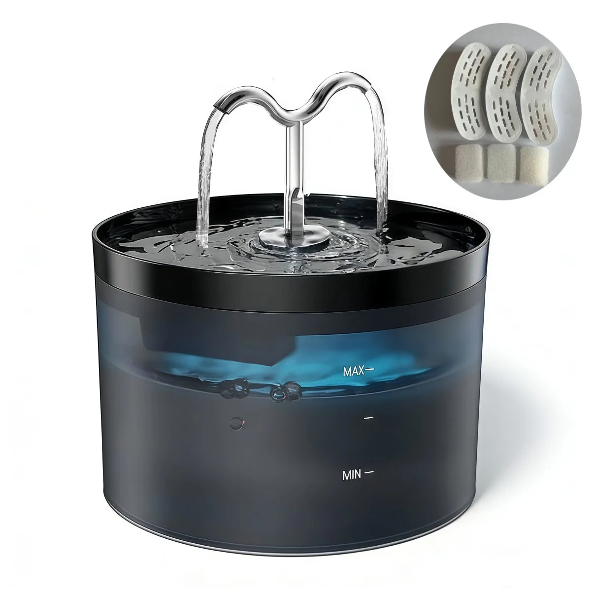 Fontaine à eau automatique noire avec débit clair et schéma de buses interchangeables.