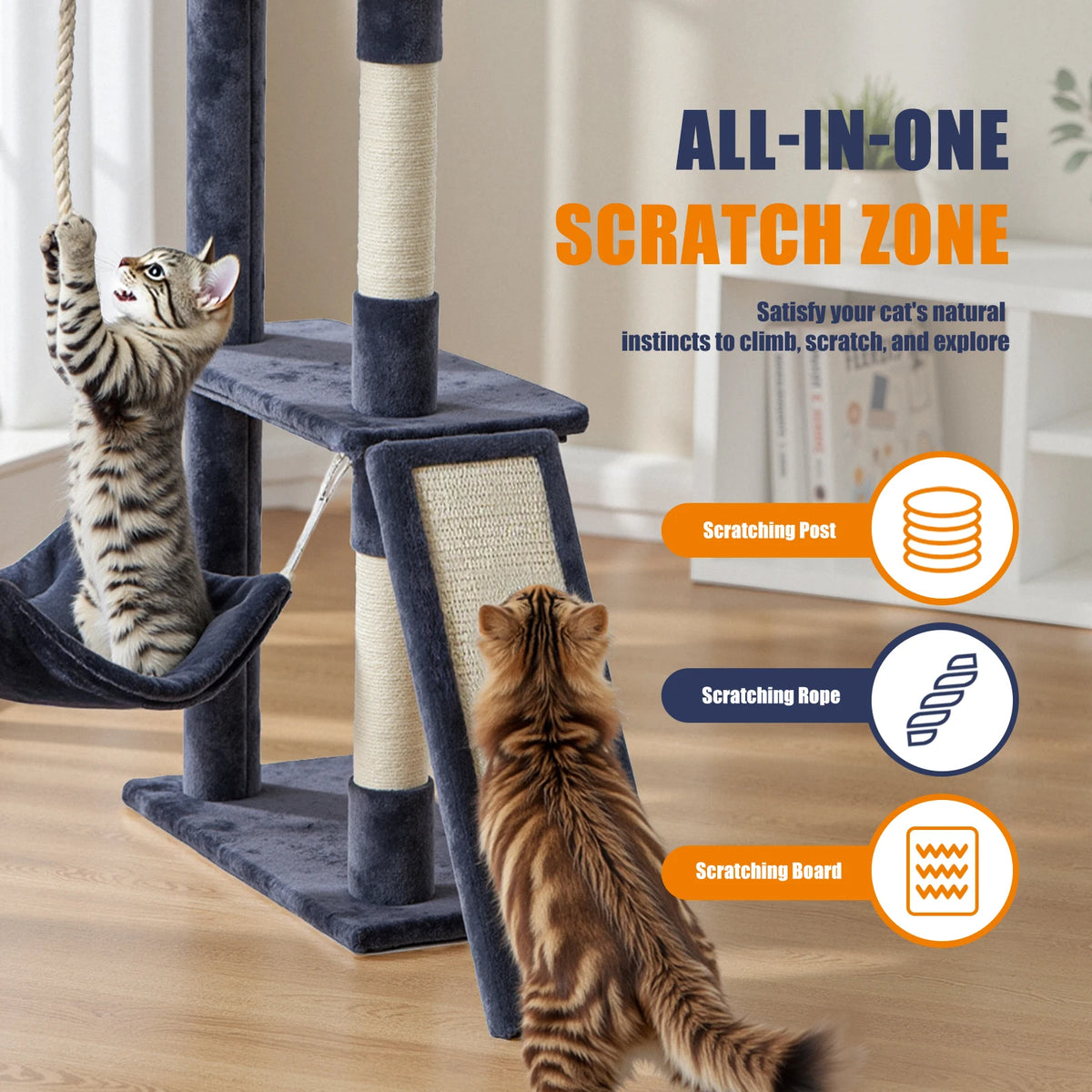 An all-in-one scratch zone featuring a multi-level cat tree with scratching posts and a cozy condo for cats.