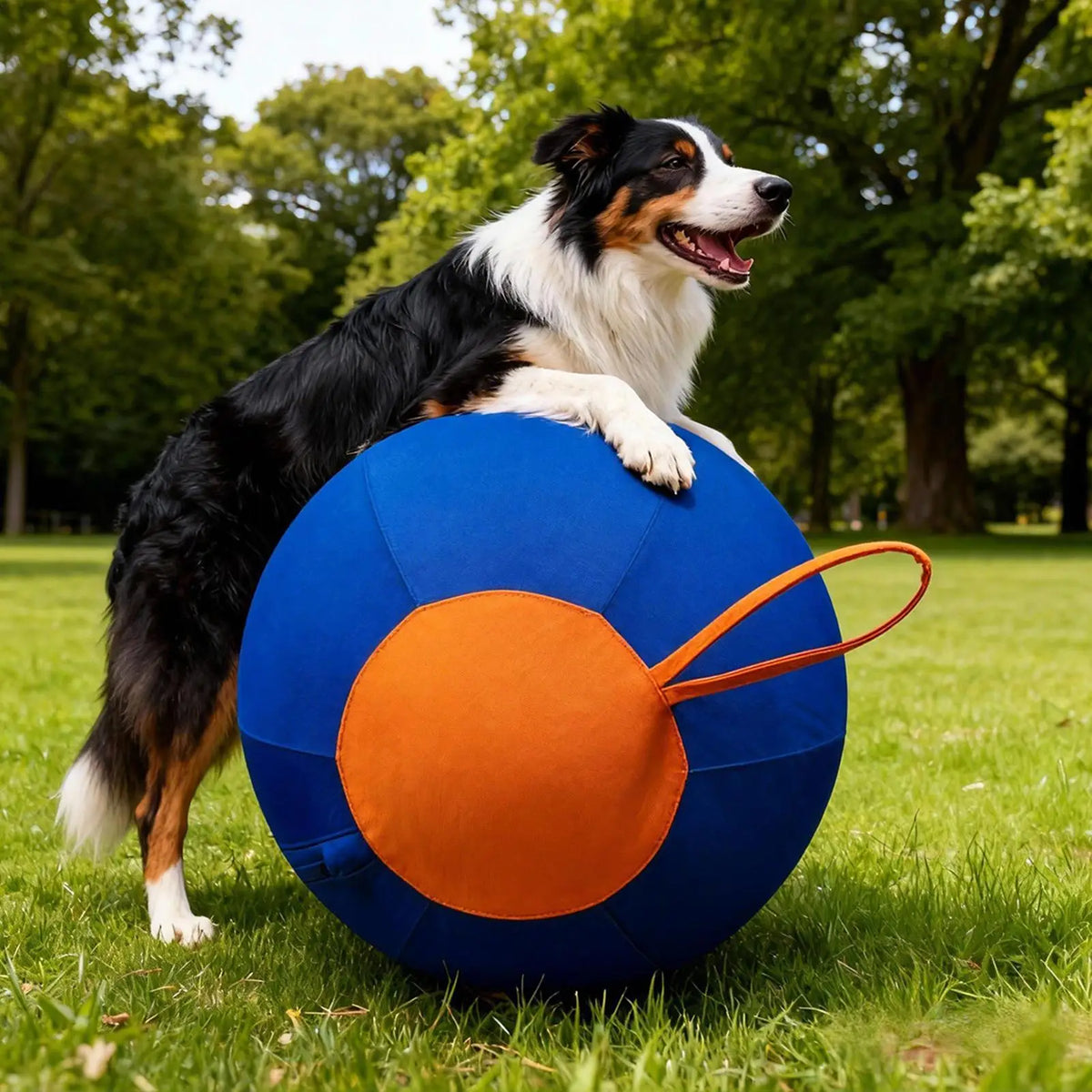 A black and white dog is standing next to a large blue and orange interactive herding ball on green grass.