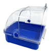 Clear plastic external bird bath for cages and parakeets with a blue base.