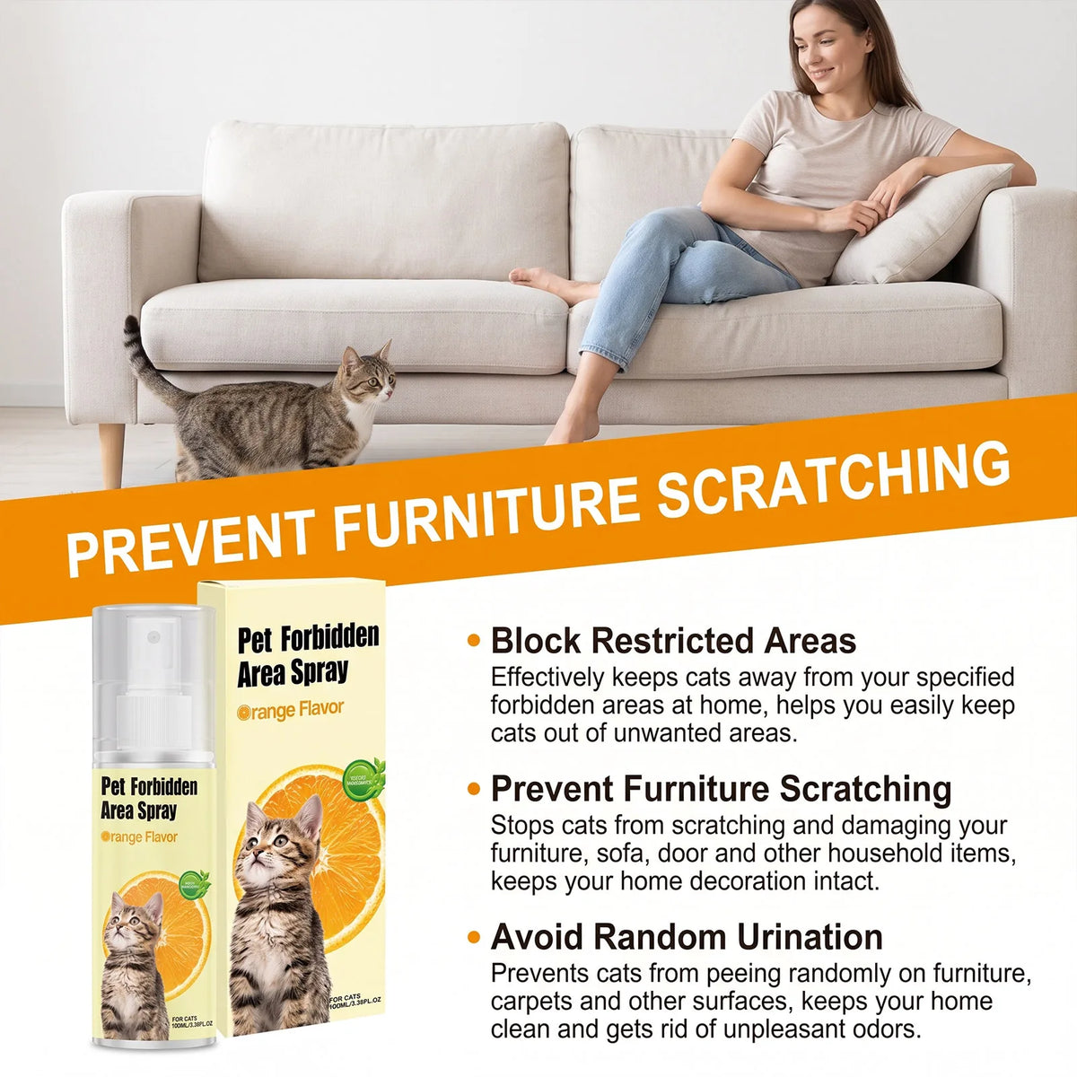 A bottle of Pet Forbidden Area Spray is shown next to a sofa with a cat relaxing on it, illustrating furniture scratching pre