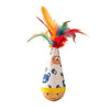A colorful feather wobble ball cat toy shaped like a baby face.