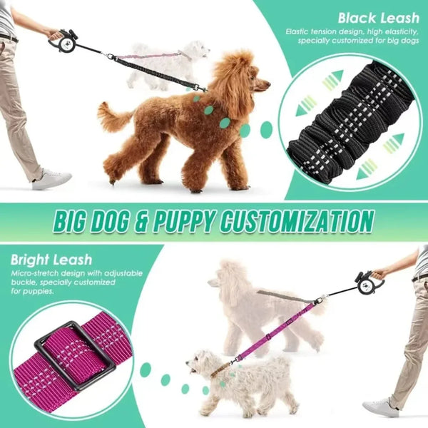 A close-up of a black elastic dog leash and a pink leash with a shock-absorbing bungee attachment for dogs.