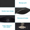 Close-up views of a black double-layer cat litter mat highlighting the massage grid, waterproof design, and large-diameter an
