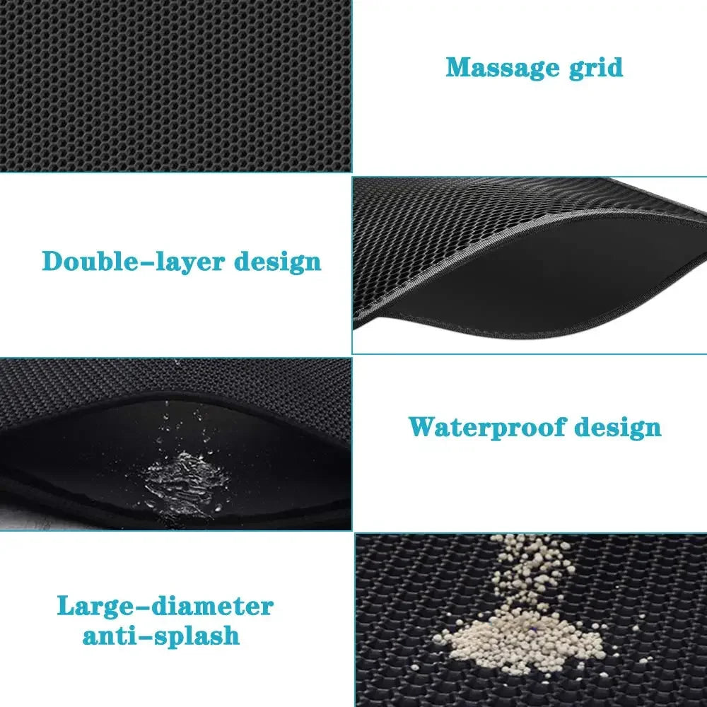 Close-up views of a black double-layer cat litter mat highlighting the massage grid, waterproof design, and large-diameter an