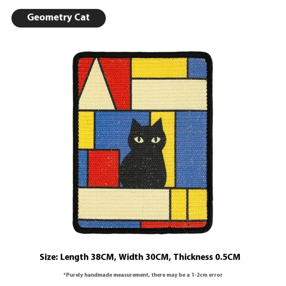 A colorful geometric cat scratching board featuring a black cat silhouette on a patterned fabric.