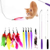 A variety pack of interactive cat toys featuring feather and plush attachments in various colors.