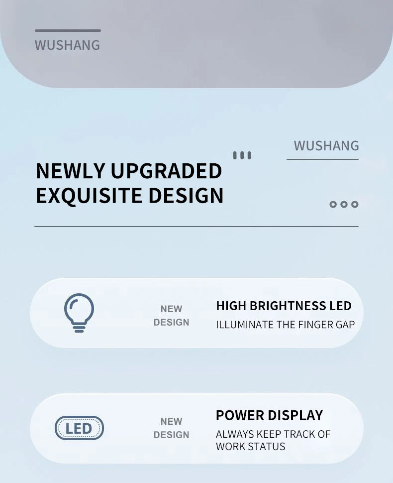 A product feature display showing newly upgraded exquisite design, including high brightness LED illumination and a power dis