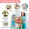 Un perro con un collar inflable de recuperación, mostrando su uso multifuncional para belleza tri