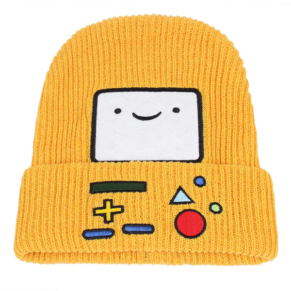 A yellow knitted beanie hat featuring an embroidered cartoon face with mathematical symbols.