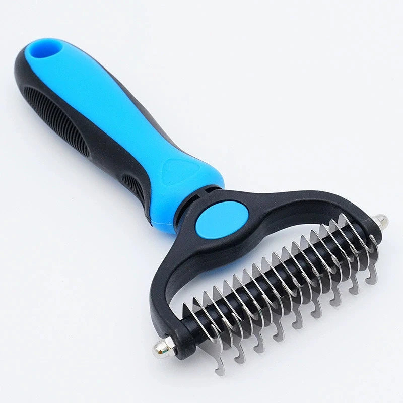 A black and blue dual-sided pet deshedding rake brush for dogs and cats.