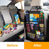 Before and after comparison of a car backseat organizer with tablet holder and storage pockets