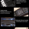 Front and inside views of a black pet walking harness featuring Oxford fabric, safety buckles, and reflective lines.