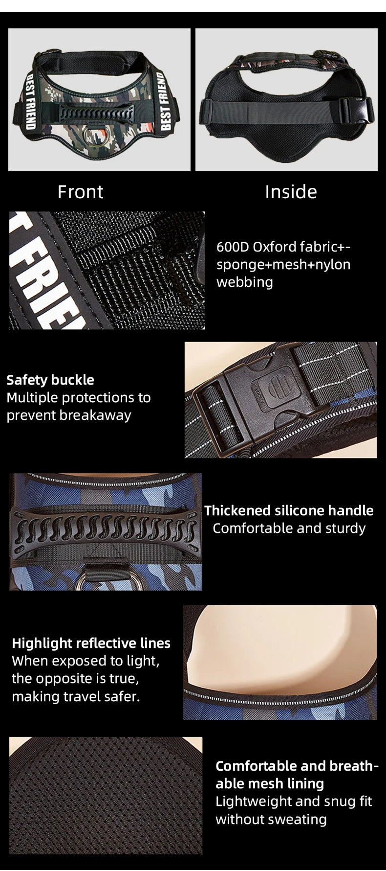 Front and inside views of a black pet walking harness featuring Oxford fabric, safety buckles, and reflective lines.