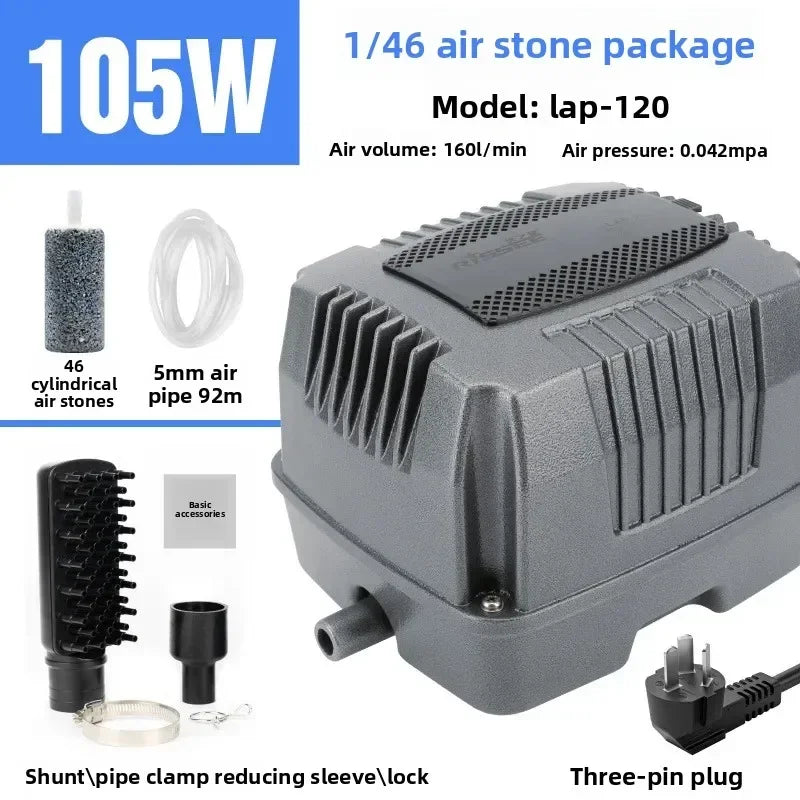 A gray air stone package for a lap-120 oxygen pump showing the main unit, 46 cylindrical air stones, and accessories.