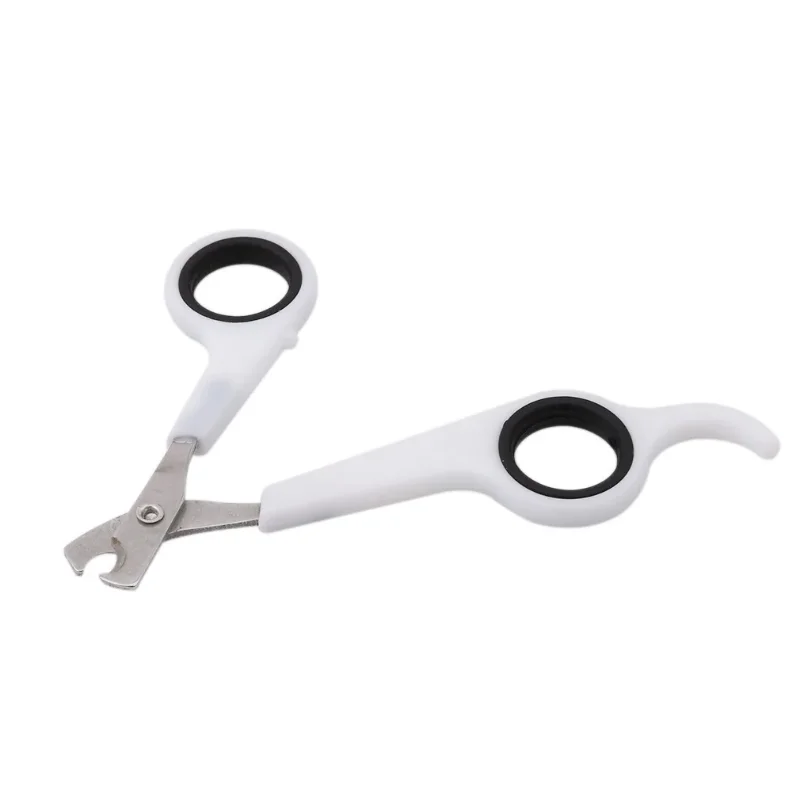 Pair of white stainless steel pet nail clippers with black handles and blades