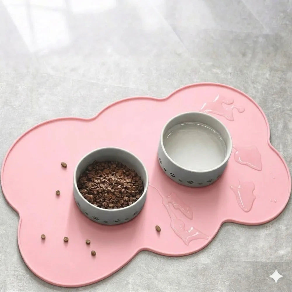 A pink non-slip pet mat holds a small bowl of dry food and a separate bowl of liquid food.