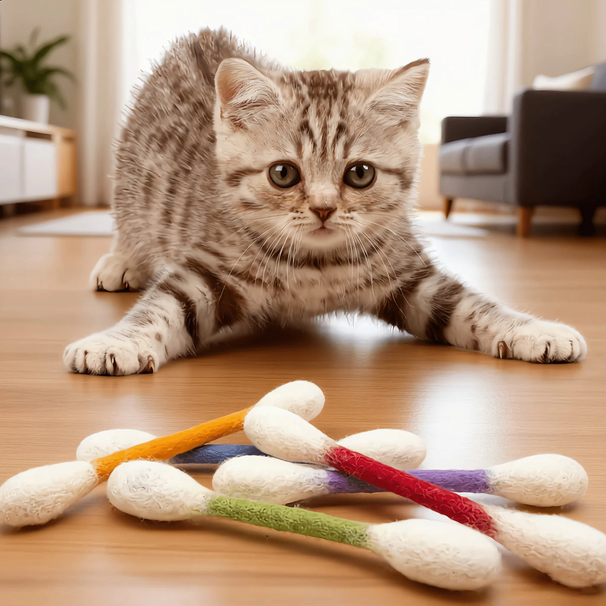 A kitten is lying on a wooden floor next to a set of soft, fuzzy catnip toys.