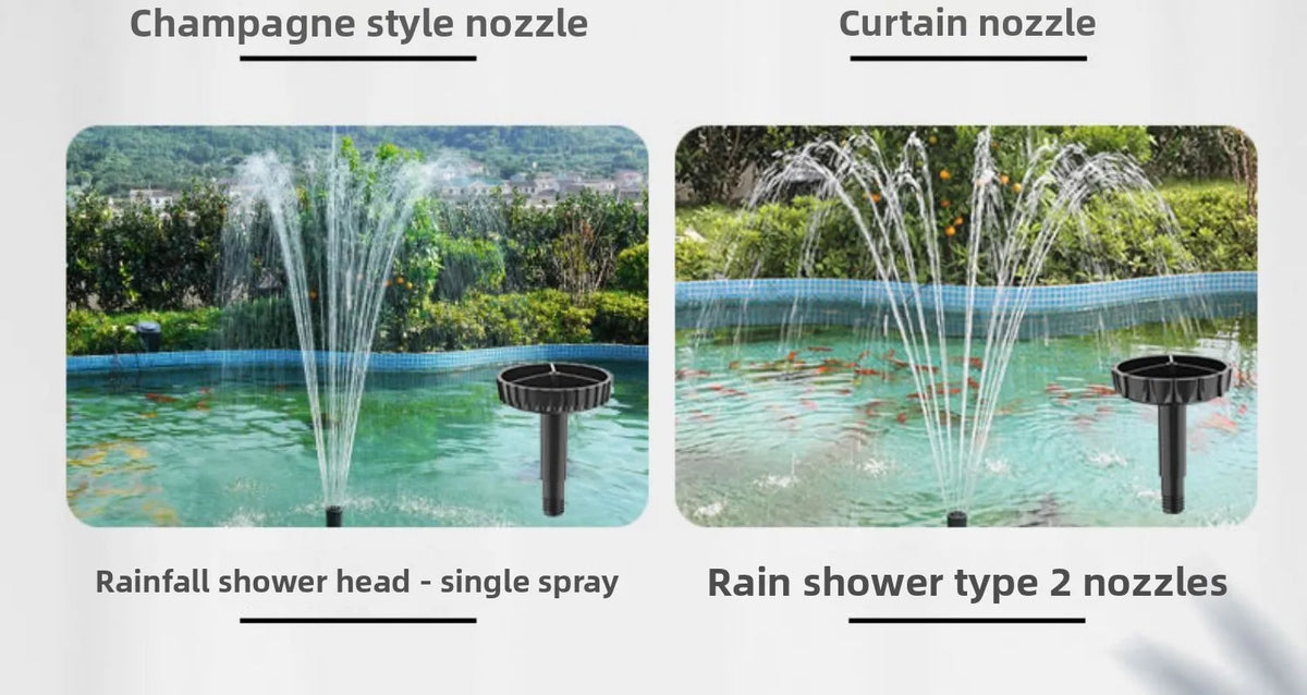 Deux types de pommeaux de douche, dont un style champagne et un style rideau, projetant de l'eau dans une piscine.
