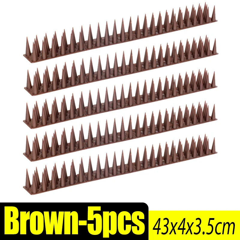 Brown bird and pest repellent spikes in a 5-piece set, measuring 43x4x3.5 cm.