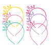 A collection of colorful cat ear headbands for girls and kids in yellow, pink, purple, and teal.