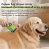 A golden retriever is being groomed with a green pet hair clipper designed for large dogs.