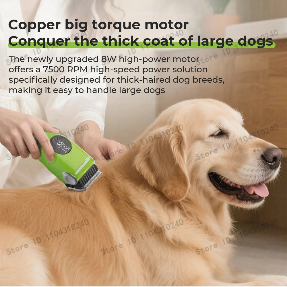 A golden retriever is being groomed with a green pet hair clipper designed for large dogs.