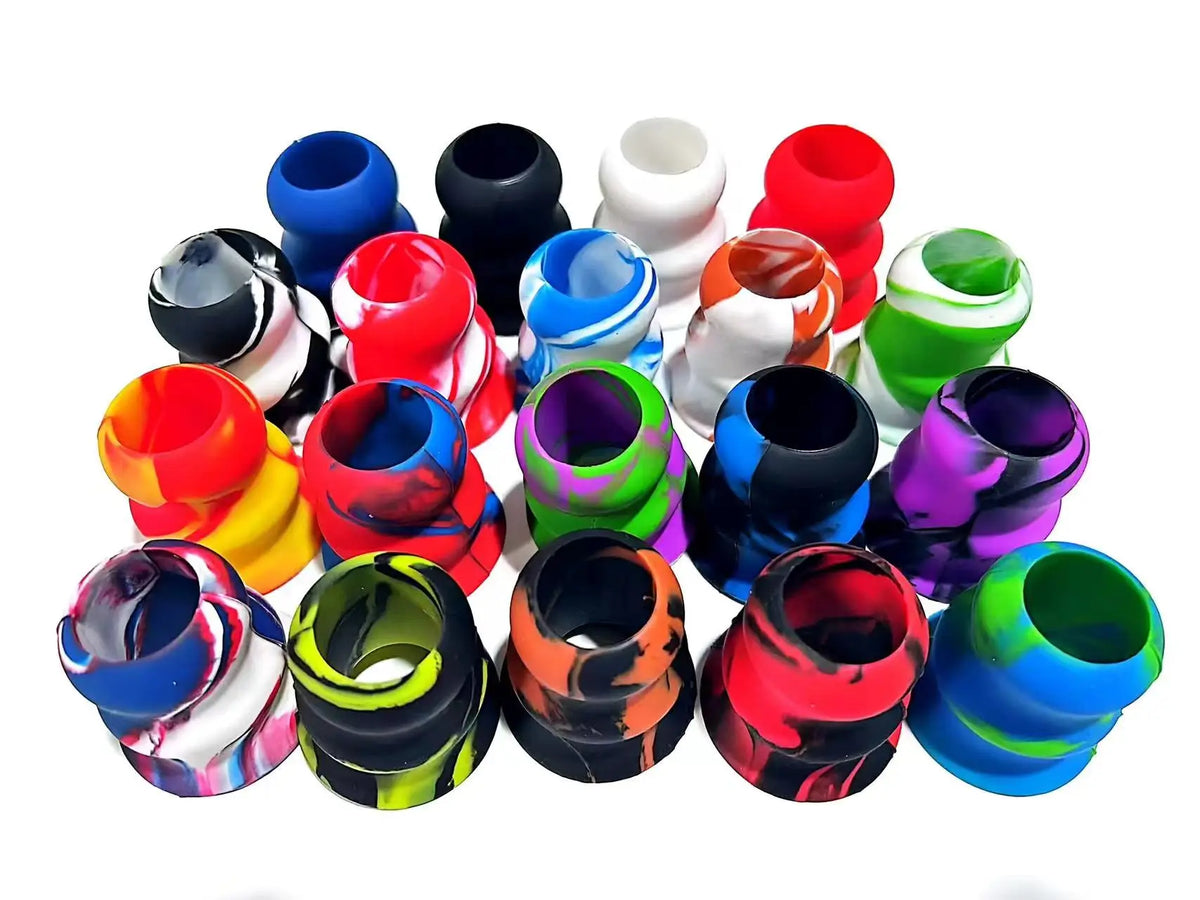 A collection of colorful silicone bat grip knobs in various colors including blue, red, green, and black.