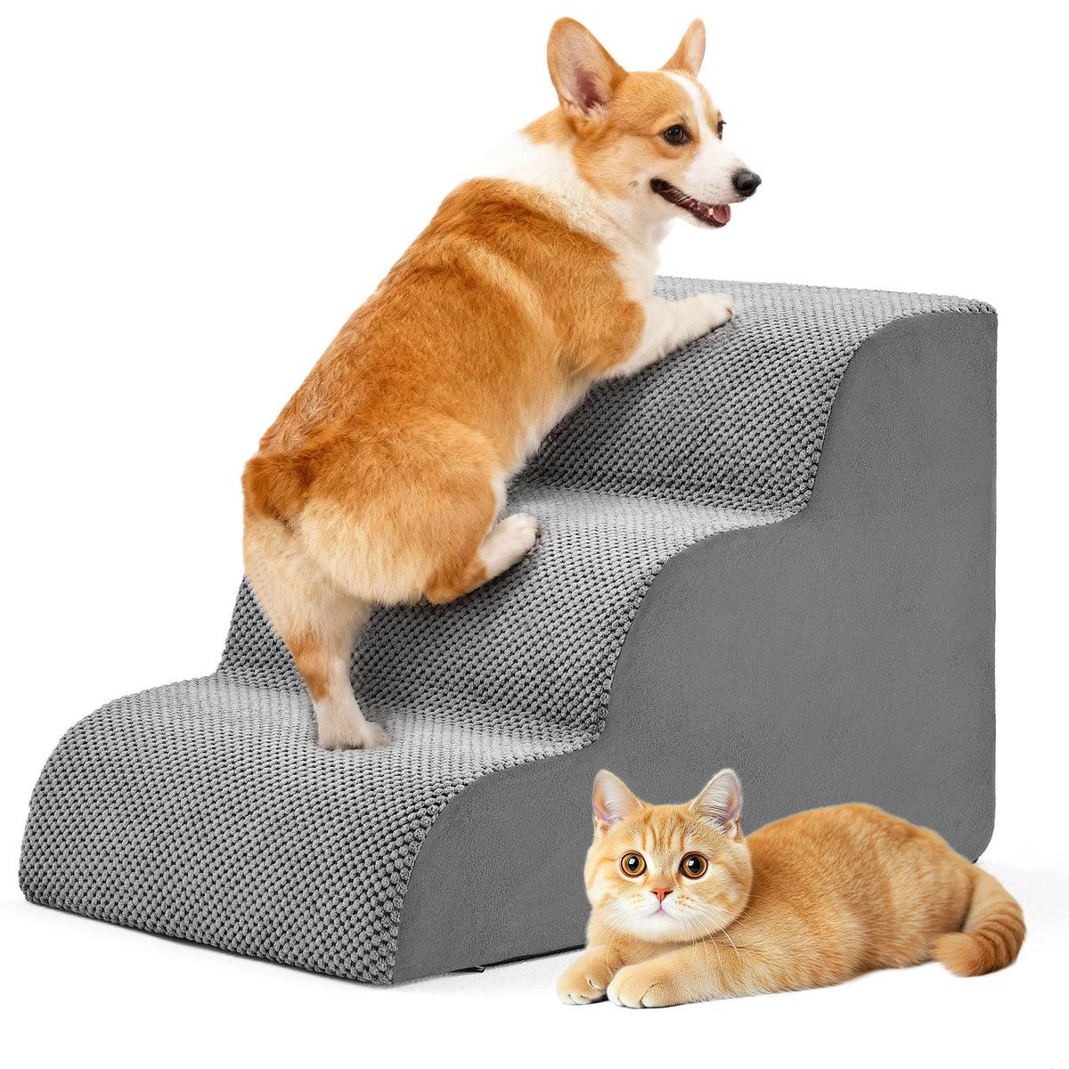 An orange and white dog is jumping onto a gray foam pet stairs ramp.