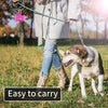 A person is holding a green leash attached to a pink reusable pet poop bag dispenser, with a dog standing nearby.