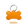 Golden bone-shaped dog ID tag with a silver keyring.