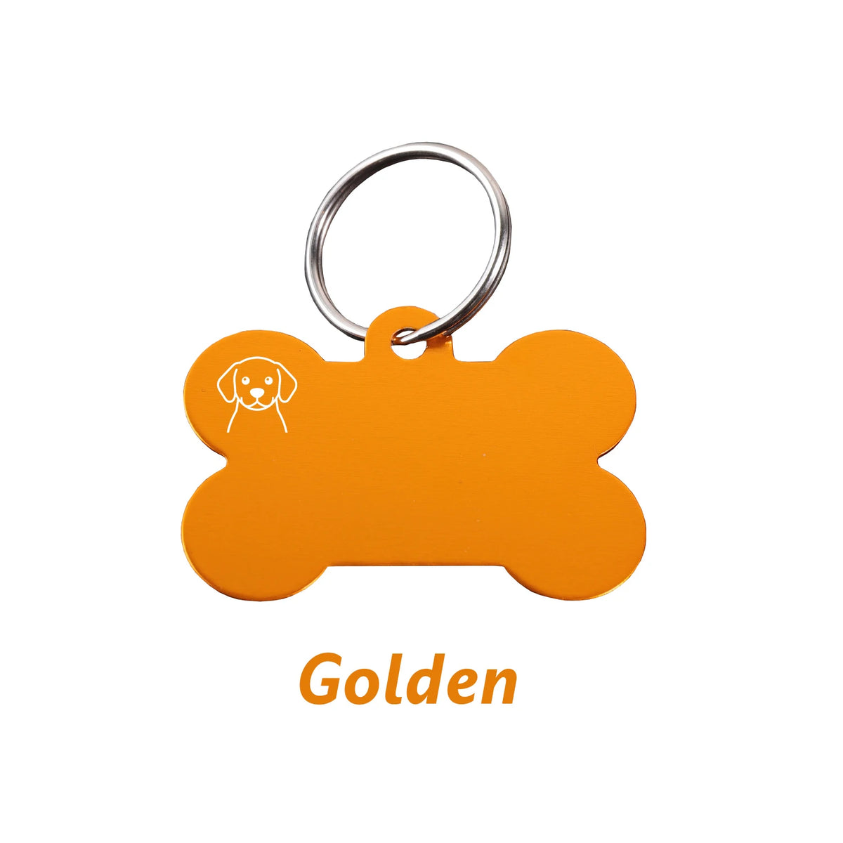 Golden bone-shaped dog ID tag with a silver keyring.