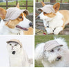 Four images showing a durable baseball cap for large dogs on a dog and a cat.