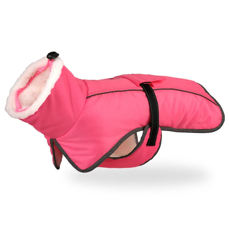 A bright pink reflective winter coat for dogs with a fluffy white collar and black trim.