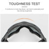 A pair of black dog sunglasses is shown in a close-up view for a toughness test.
