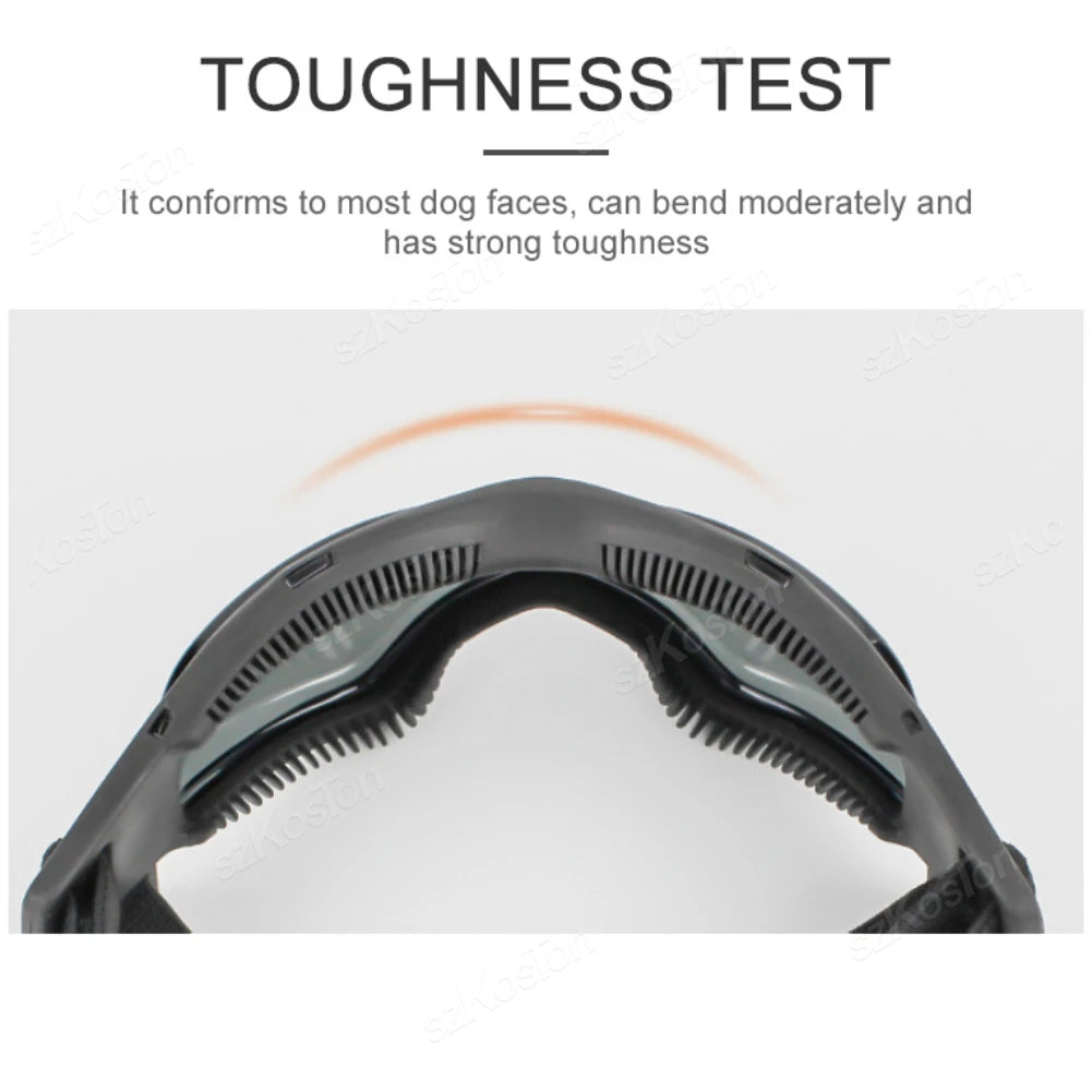 A pair of black dog sunglasses is shown in a close-up view for a toughness test.