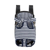 A navy blue and white striped adjustable backpack carrier for cats and dogs.